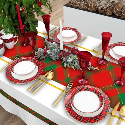 Vista 3 de PROCIDA Mantel rectangular de Navidad con diseño de flor de pascua roja, para invierno, Año Nuevo, impermeable, lavable, para fiestas, cocina