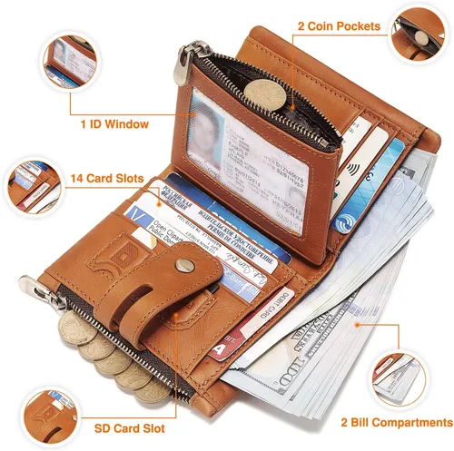 Vista 2 de Cartera con cadena, monedero de cuero genuino con bloqueo RFID, doble cremallera, bolsillo para monedas con cadena antirrobo, carteras de cadena a