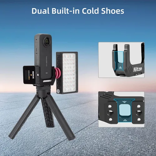 Vista 2 de Nitze Media jaula para Insta360 X3, con agujeros roscados de 1/4" y agujeros de ubicación, zapatas frías dobles y adaptadores de dedo plegables