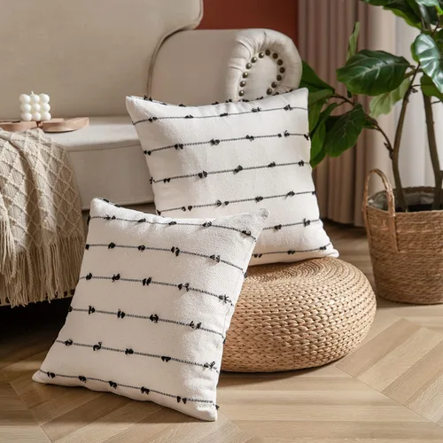 Vista 2 de Caflife Fundas de Almohada Decorativas Boho 18x18 pulgadas Beige y Negro, Juego de 2 Fundas de Almohada Decorativas Modernas Estilo Granja para Sofá