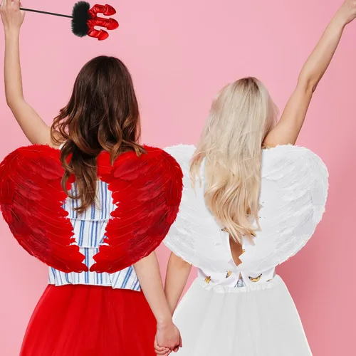 Vista 4 de Xtinmee Disfraces de ángel y diablo de Halloween para mujer, incluye diadema, falda tutú, alas, gemas y cuernos de diablo, pajarita en la cola