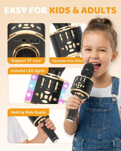Vista 6 de Amazmic Máquina de Micrófono de Karaoke para Niños, Micrófono Bluetooth Portátil, Micrófono de Karaoke Inalámbrico de Mano con Luces LED, Regalo