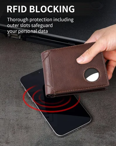 Vista 43 de Swallowmall AirTag Billetera para hombre con bloqueo RFID, de piel auténtica, plegable, para AirTag con 1 ventana de identificación, 13 tarjeteros