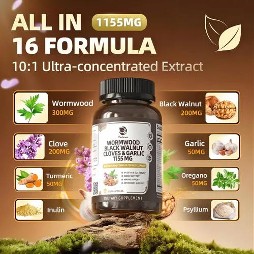 Vista 2 de Lukaree Cápsulas de Limpieza de Clavo de Ajenjo y Nuez Negra 16 en 1 para Humanos – Desintoxicación Natural del Intestino y Salud Digestiva