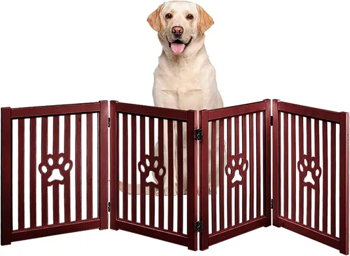 Vista 2 de Puerta para perros de 4 paneles – Caoba – Puerta plegable de madera independiente para mascotas, 80 pulgadas de largo x 23.6 pulgadas de alto