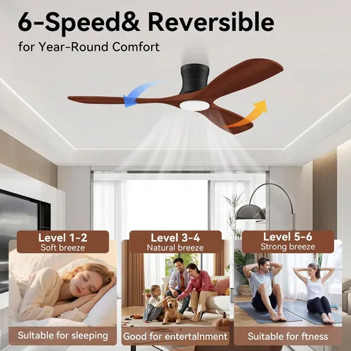 Vista 3 de Ventiladores de techo inteligentes de perfil bajo de 52 pulgadas con luces y control remoto, 3 aspas de madera, motor de CC silencioso, ventilador