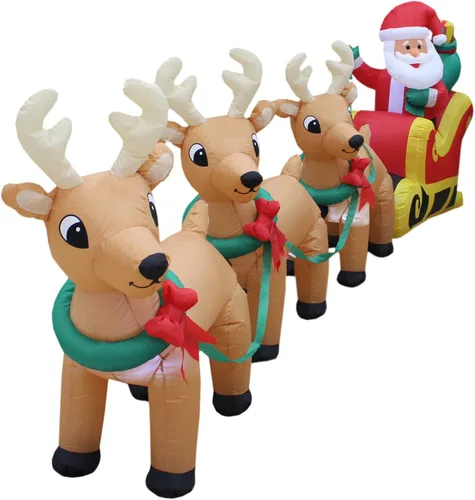 Vista 3 de Santa Claus en trineo con 3 renos, inflables, decoración de Navidad para jardín en, 12 pies de largo