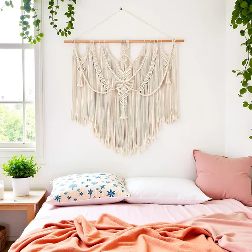 Vista 4 de Mkono macramé para colgar en la pared, decoración bohemia para el hogar, decoración tejida elegante para dormitorio, sala de estar, apartamento
