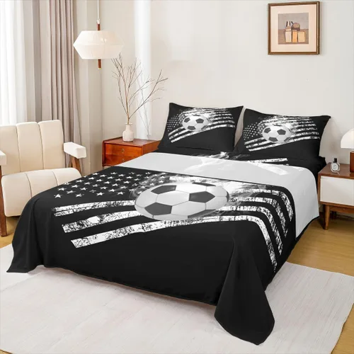 Vista 2 de Juego de sábanas de fútbol tamaño individual para niños y niñas, juego de sábanas de bandera estadounidense, juego de ropa de cama con bandera