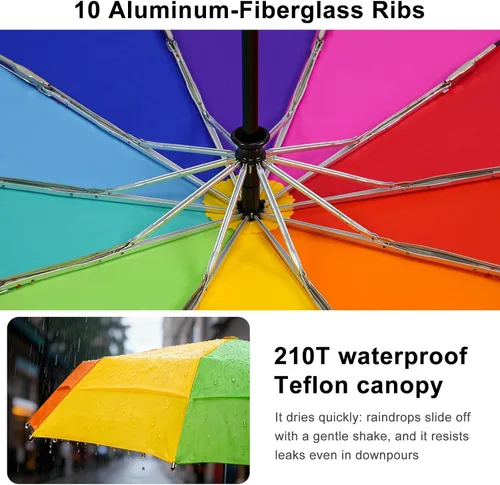 Vista 4 de Lejorain Paraguas grande de golf resistente al viento, 54 pulgadas, doble capa, arco iris, 10 varillas, paraguas plegable de viaje, compacto, cierre