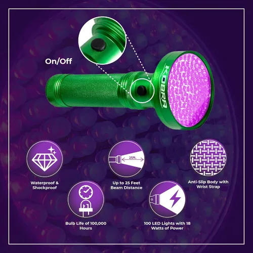 Vista 5 de Linterna de luz negra UV Kobra - 100 LED Luz UV portátil y luz negra para detección de orina de mascotas - Inspección de chinches, fugas y dinero