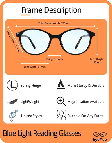Vista 4 de Gafas de lectura con luz azul, marco redondo, bisagra de resorte, bloqueo UV, reduce la fatiga ocular digital, ajuste cómodo