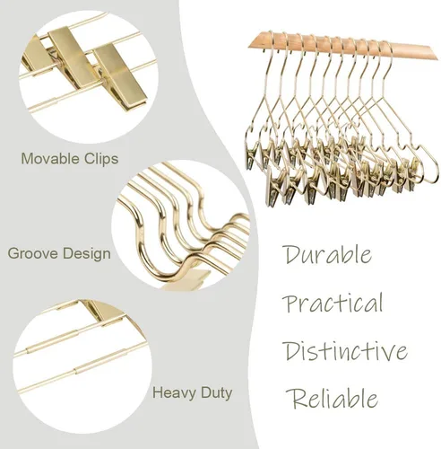 Vista 6 de Perchas para ropa de bebé de 12.6 pulgadas de metal dorado con 2 clips ajustables, almacenamiento de armario, estante resistente para camisas