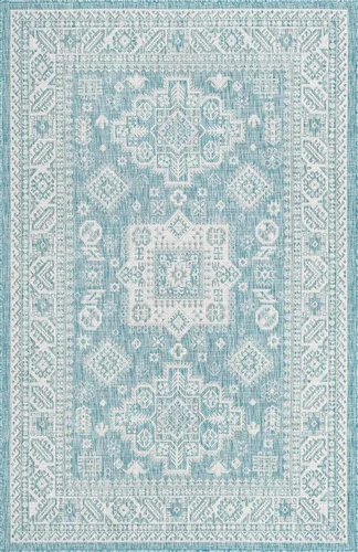 Vista 90 de Unique Loom Outdoor Aztec Collection Alfombra de área, Chalca (5 pies 3 pulgadas, octágono, aguamarina/marfil)
