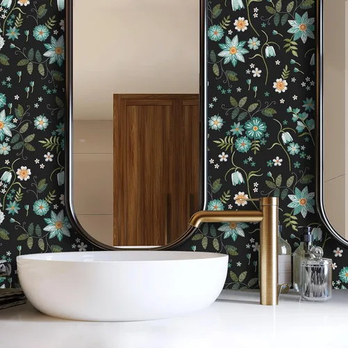 Vista 2 de VaryPaper Papel tapiz floral negro de 17.7 x 78.7 pulgadas, diseño de copos de nieve y flores, papel tapiz autoadhesivo extraíble, papel de contacto