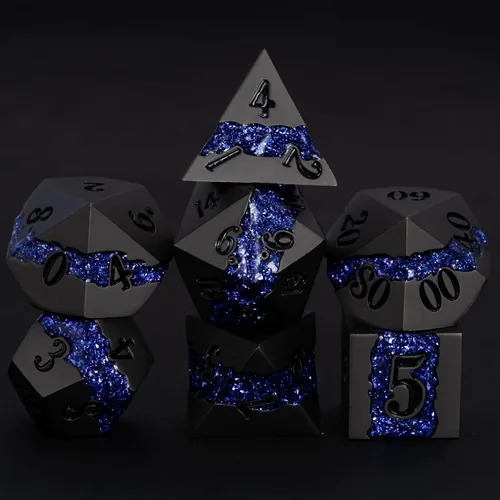 Vista 19 de Dados poliédricos DND de metal, juego de dados metálicos con purpurina a rayas grandes, juego de 7 dados plateados antiguos para juegos de rol