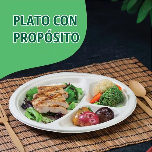 Vista 4 de Platos de papel desechables 100% compostables, 3 compartimentos, [125 unidades] - {Sin PFAS} - {Certificado BPA} - [10 pulgadas] Bandejas