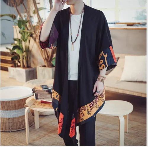 Vista 2 de HZCX FASHION Chaqueta tipo kimono larga de lino y algodón para hombre