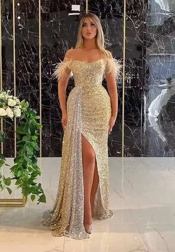 Vista 7 de Vestidos de fiesta de lentejuelas con hombros descubiertos, vestido formal de sirena brillante, vestido largo de fiesta de noche con abertura
