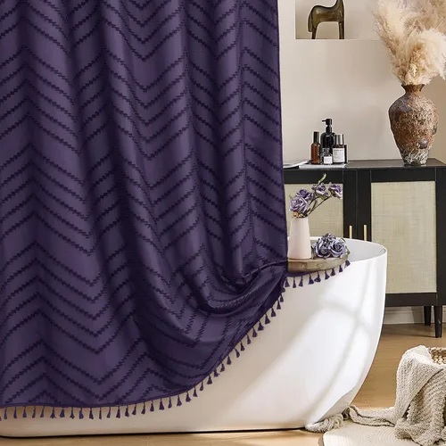 Vista 25 de Cortina de ducha Siiluminisoy de 36x72 beige, cortina de ducha de tela de tamaño pequeño, cortinas de ducha de tela con tufting, diseño chevron a