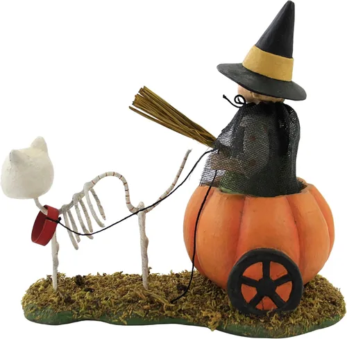 Vista 2 de Bethany Lowe Figura de Halloween con texto en inglés "Skelly's Pumpkin Carriage Ride