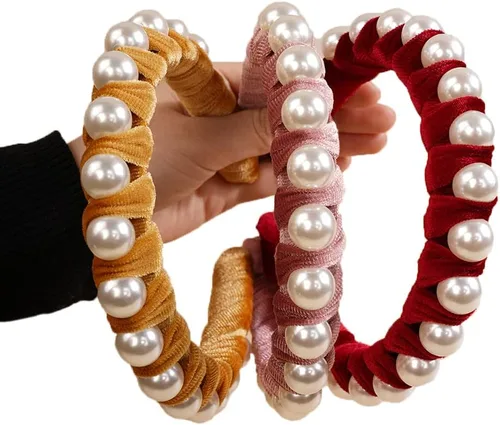 Vista 6 de Wiwpar Diademas de perlas de terciopelo para el pelo con perlas, elegante diadema de perlas antideslizantes, accesorios de moda para el cabello