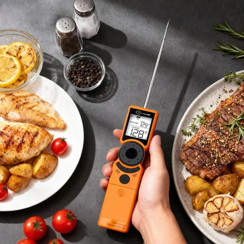 Vista 2 de Termómetro digital de carne para parrilla, termómetros de alimentos de lectura instantánea para cocinar con guía de cocción de alimentos, Naranja