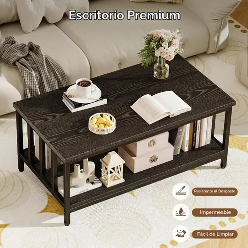 Vista 6 de Mesa de centro para sala de estar con marco de listones laterales, moderna mesa de sala de estar de granja con estante de almacenamiento de 2