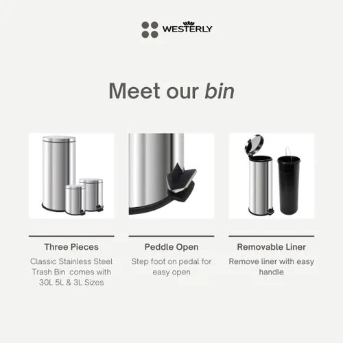 Vista 2 de Westerly Juego de 3 cubos de basura de acero inoxidable de alta calidad, 30 L, 5 L, 3 L