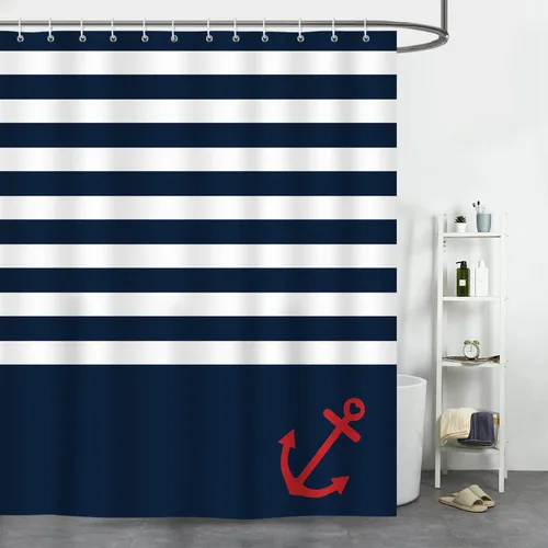 Vista 8 de Bonhause Cortina de ducha con ancla náutica, cortina de baño geométrica azul marino, 72 x 72 pulgadas, tela de poliéster, cortina de baño