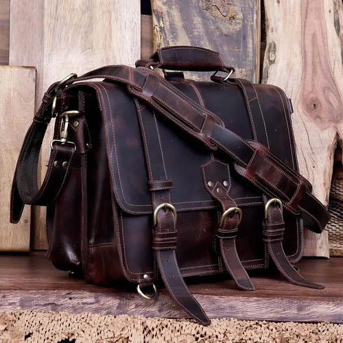 Vista 5 de cuero Maletín de cuero de 18 pulgadas portátil Messenger Bolsas para hombres y mujeres mejor oficina College maletín bolsa de hombro