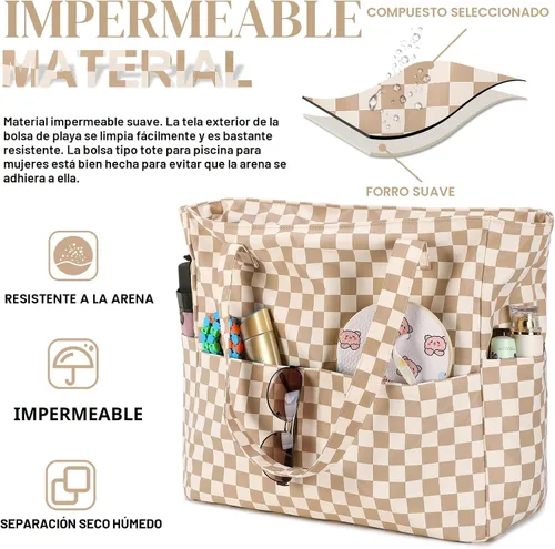 Vista 4 de Bluboon - Bolsa de playa impermeable para mujer, extra grande, con compartimento húmedo, para llevar de fin de semana, bolsa de piscina para viajes