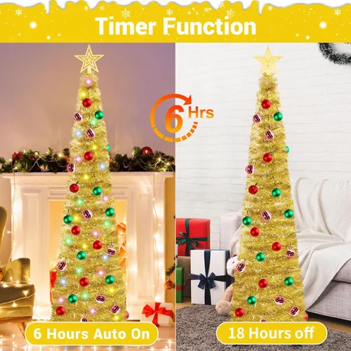 Vista 5 de HISFFOG Árbol de Navidad de Oropel Emergente Preiluminado de 5 Pies con 8 Modos de Ajuste de Luz, 50 Luces de Colores con Control Remoto, Operado