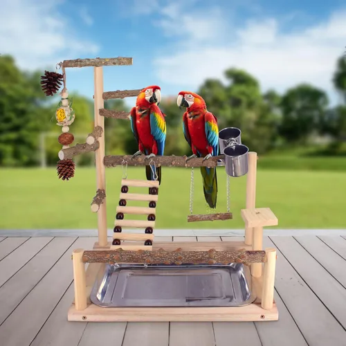Vista 8 de Parque infantil para pájaros, juguetes naturales para loros, soporte de perca, columpio de cacatúa con juguetes para masticar, plataforma de loro