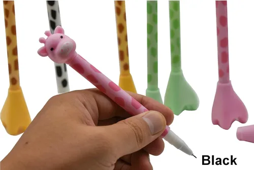 Vista 5 de Maydahui 12 bolígrafos con forma de jirafa, lindos bolígrafos de burro de dibujos animados, bolígrafo de tinta negra, diseño creativo de pedestal