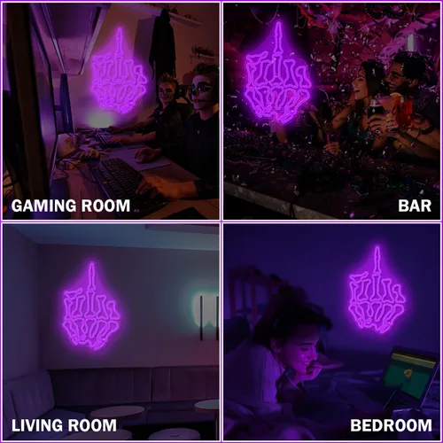 Vista 6 de Señales de neón de calavera con gesto para pared, luces de neón de dedo que se iluminan, señales LED regulables para dormitorio, cueva del hombre