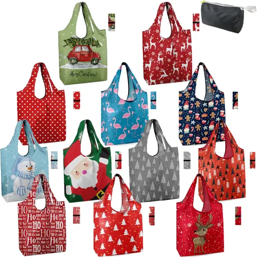 Vista 44 de BeeGreen Bolsas de comestibles reutilizables de Navidad con bolsa de almacenamiento con cremallera, paquete de 10 bolsas de compras reutilizables a