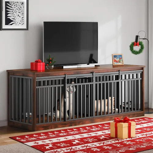 Vista 10 de DWVO Mueble de jaula doble para perros de 71" para 2 perros medianos, perrera doble de madera resistente soporte de TV con puertas correderas, mesa