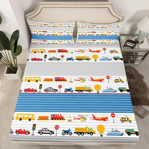 Vista 26 de Juego de sábanas bajeras ajustables para niños, diseño de caricaturas, camiones, tamaño individual, juegos de ropa de cama de excavadoras, camiones