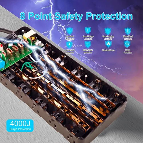 Vista 7 de Regleta de Alimentación de Protección contra Sobretensiones de Servicio Pesado - 25 Tomas de CA, 6 Puertos USB, Protección 4000J, Cable de Extensión