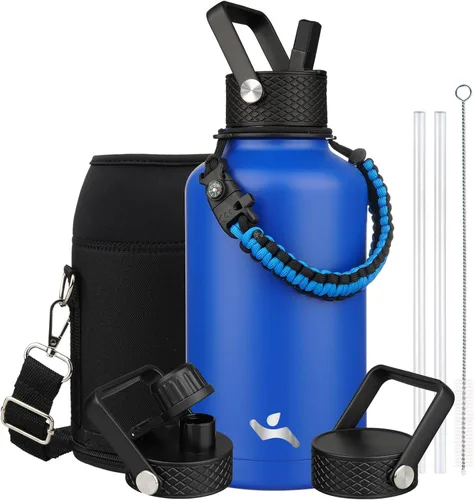 Vista 128 de Konokyo - Botella de agua aislada de 18 onzas, botellas deportivas de acero inoxidable con 3 tapas, verde militar