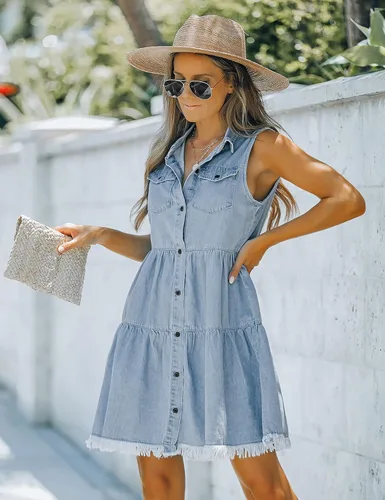 Vista 3 de luvamia Vestido de mezclilla corto con solapa sin mangas y botones para mujer