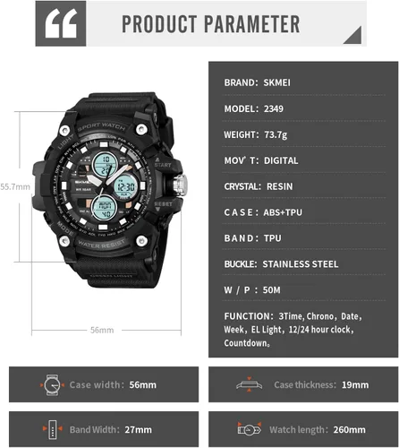 Vista 7 de Reloj analógico de cuarzo para hombre con doble pantalla y alarma digital con iluminación LED