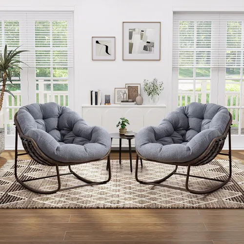 Vista 12 de Mecedora para patio al aire libre, silla mecedora de huevos de ratán para interiores, cómoda silla Papasan de gran tamaño con cojín más grueso