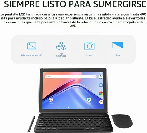 Vista 6 de Tablet Android 15 de 10 pulgadas, tabletas 2 en 1 con estuche de teclado ratón lápiz, 12 GB RAM 64 GB ROM 1 TB expandible, tablet PC con procesador