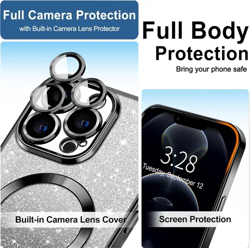 Vista 3 de Hython Funda para iPhone 12 Pro Max Transparente Magnética con Purpurina [Compatible con MagSafe] Protector Completo de Lente de Cámara Delgado