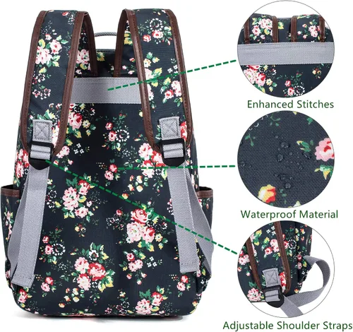 Vista 64 de Leaper Mochila para laptop para mujer: linda mochila floral para escuela, universidad, viajes, trabajo, mochila ligera para niños, Negro margarita