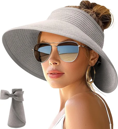 Vista 27 de NPJY Sun Hats for Women Wide Brim Roll-Up Ponytail Packable Straw Visor Blanco