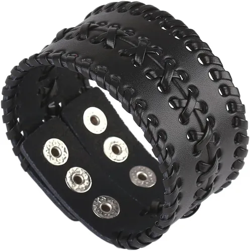 Vista 6 de Hamoery Men Leather Bracelet Punk Braided Rope Alloy Bracelet Bangle Wristband