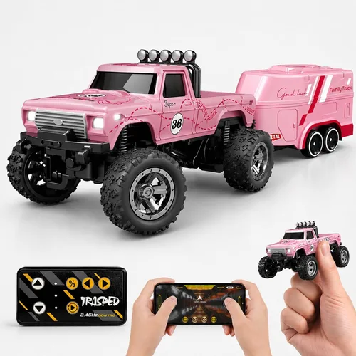 Vista 12 de Mini camión monstruo de control remoto a escala 1:64 con remolque 2.4 GHz y control dual de aplicación, mini auto RC de aleación con luces LED Azul